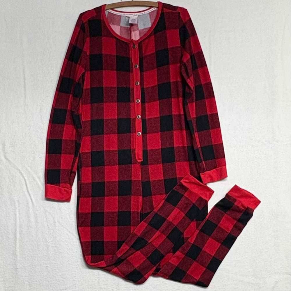 Lucky Brand Women’s Red & Black Buffalo Plaid One Piece Pajama Jumpsuit, Lg
